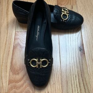 Salvatore Ferragamo Quilted Black Loafers with Gold Accent